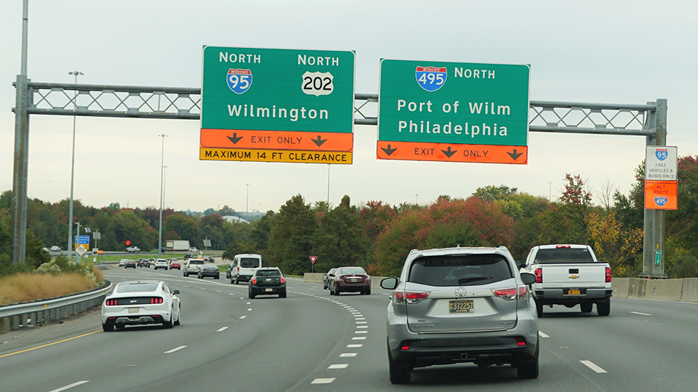 Cars drive along I-95 N near Wilmington, Delaware.