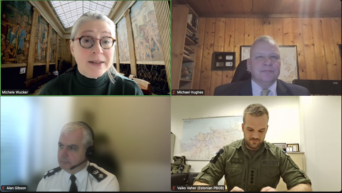 An image of the webinar participants on Zoom during the 2.26.2025 Speaker Series. Clockwise from top left to bottom right: Michele Wucker, Michael Hughes, Vaiko Vaher, and Alan Gibson.